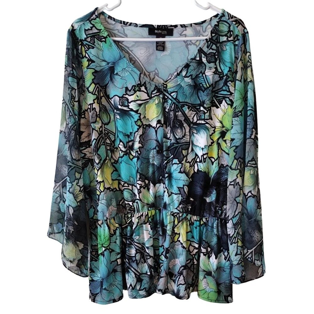 Style And Co Woman Top 1x Wide Sheer Sleeves Faux Button Down